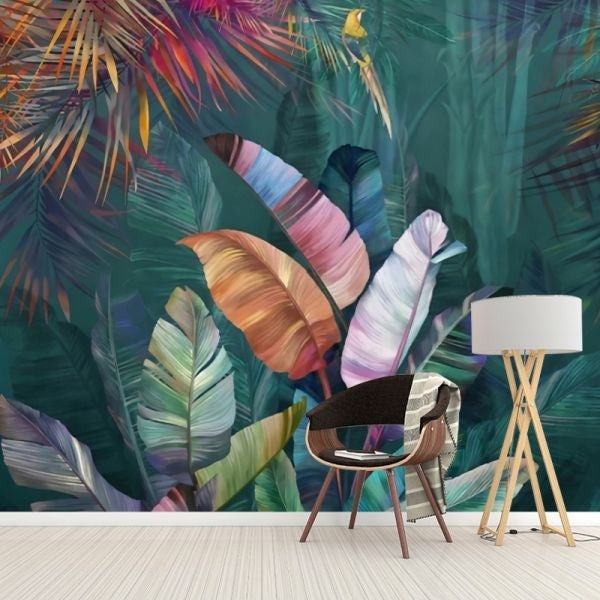 Hand Painted Tropical Rainforest Hotel Background Wallpaper Japanese Banana Leaf Wall