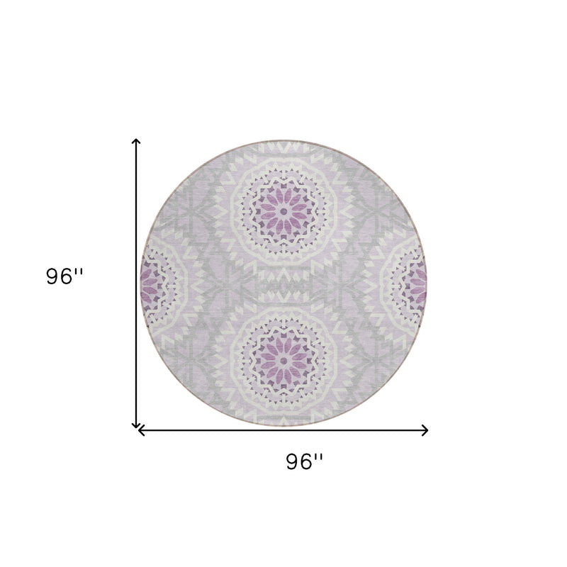 8' Lilac Purple And Ivory Round Floral Medallion Washable Indoor Outdoor Area Rug-2