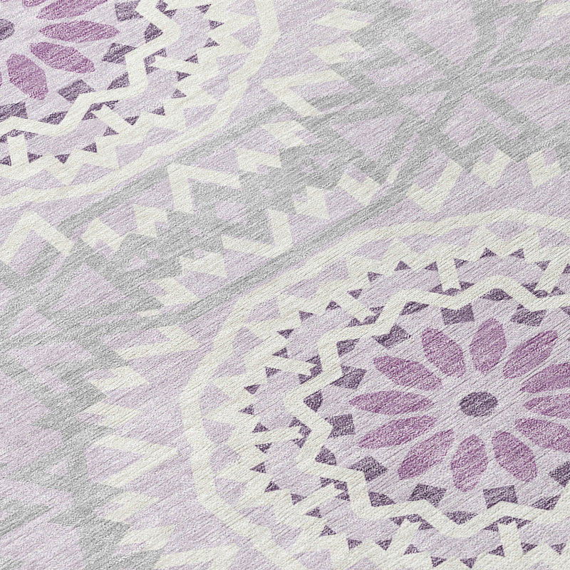 8' Lilac Purple And Ivory Round Floral Medallion Washable Indoor Outdoor Area Rug-3