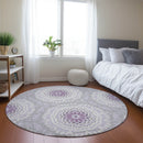 8' Lilac Purple And Ivory Round Floral Medallion Washable Indoor Outdoor Area Rug-6