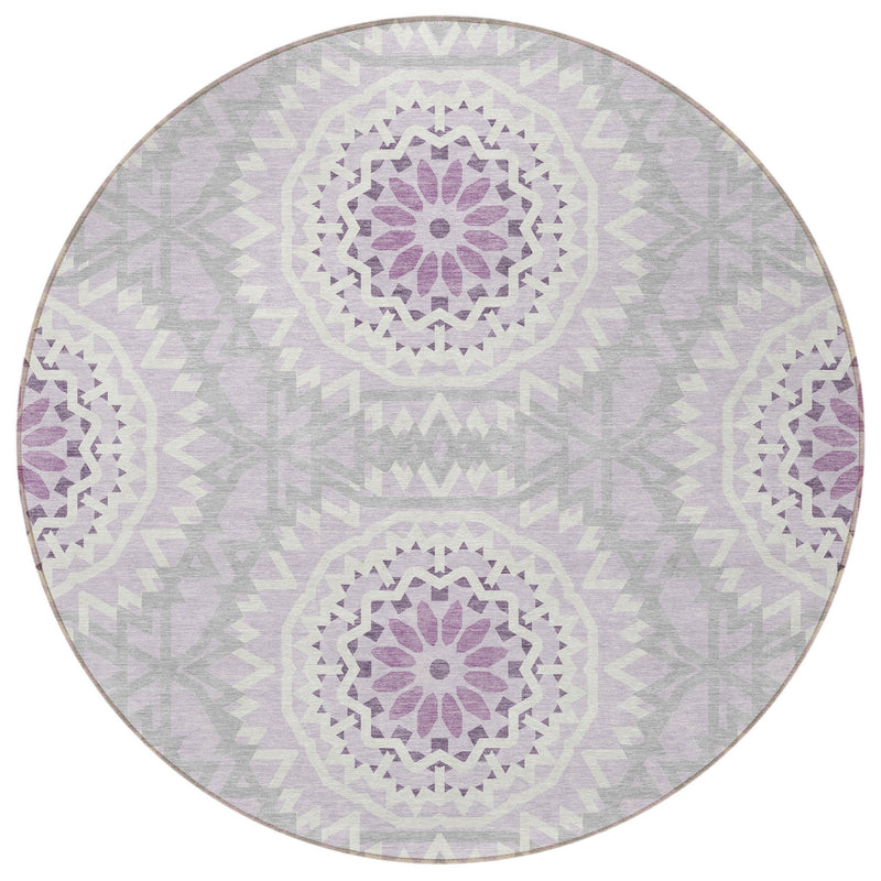 8' Lilac Purple And Ivory Round Floral Medallion Washable Indoor Outdoor Area Rug-4