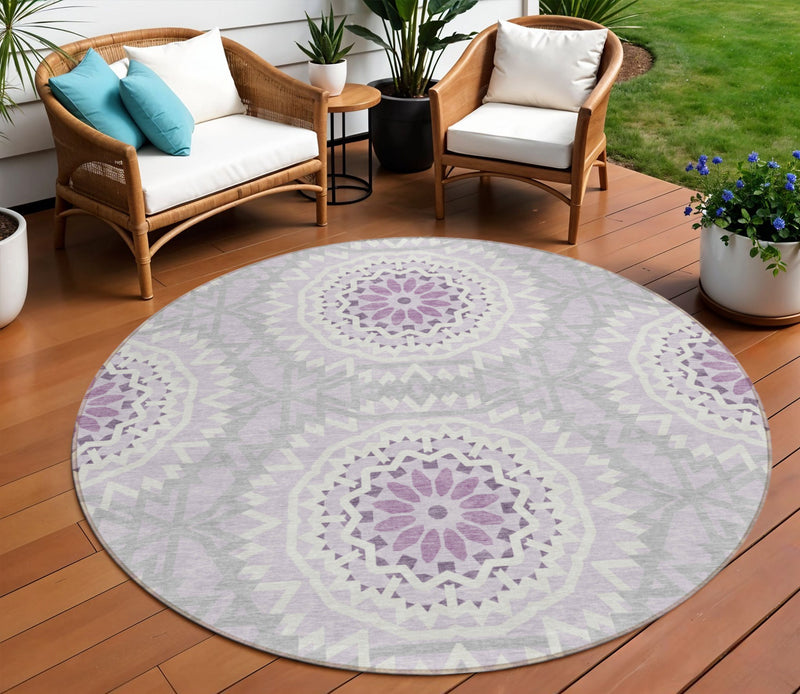 8' Lilac Purple And Ivory Round Floral Medallion Washable Indoor Outdoor Area Rug-0