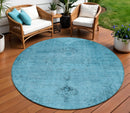 8' Denim Blue And Navy Blue Round Oriental Washable Indoor Outdoor Area Rug-0