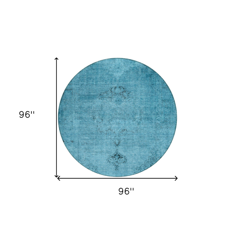8' Denim Blue And Navy Blue Round Oriental Washable Indoor Outdoor Area Rug-2