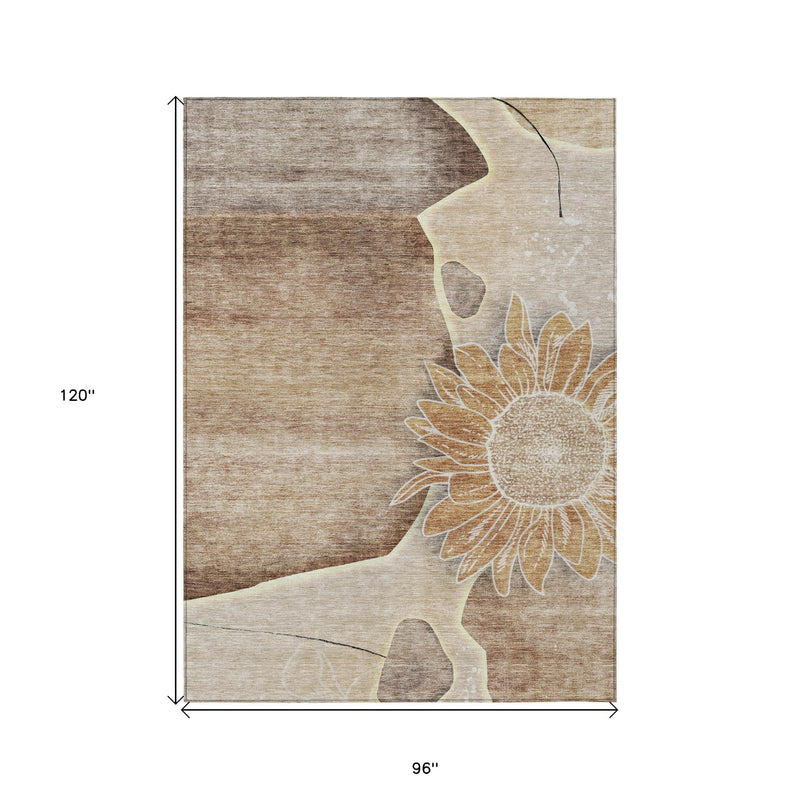 8' X 10' Brown Beige And Taupe Floral Washable Indoor Outdoor Area Rug-2