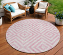 8' Pink And Ivory Round Geometric Washable Indoor Outdoor Area Rug-0