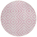 8' Pink And Ivory Round Geometric Washable Indoor Outdoor Area Rug-1