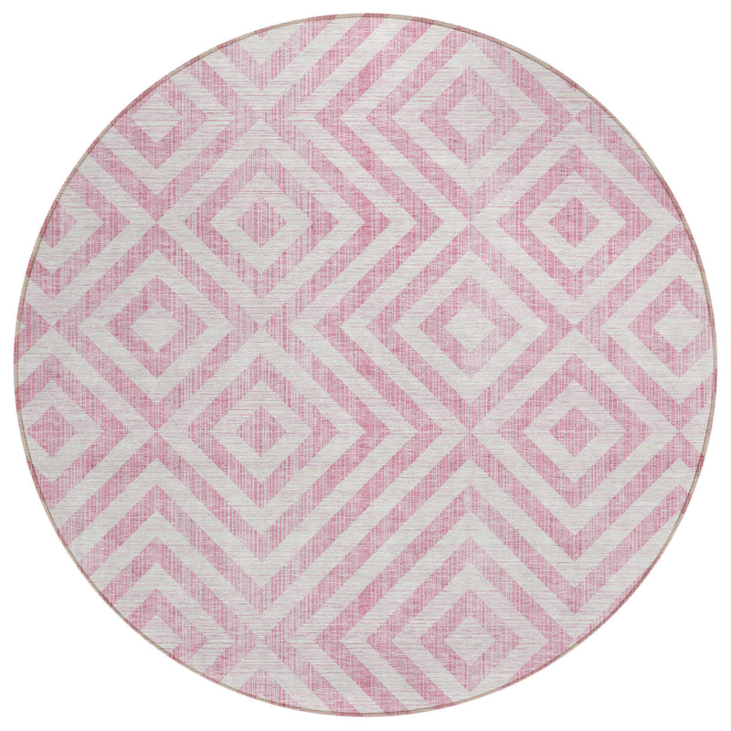 8' Pink And Ivory Round Geometric Washable Indoor Outdoor Area Rug-1