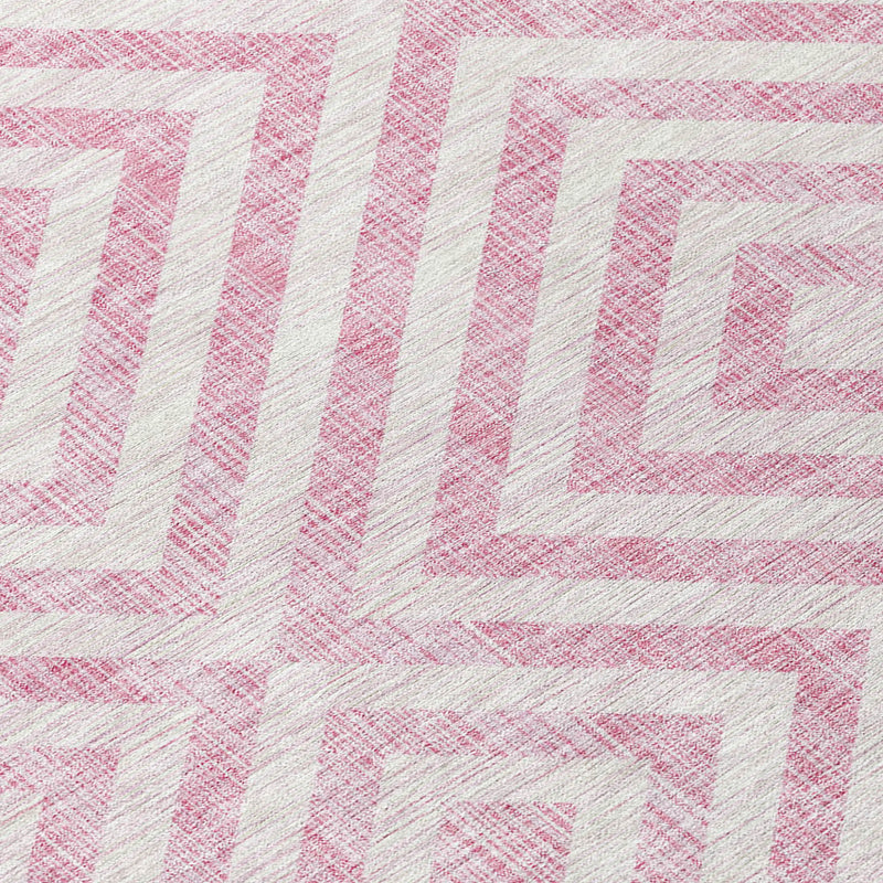 8' Pink And Ivory Round Geometric Washable Indoor Outdoor Area Rug-3