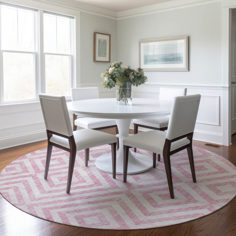 8' Pink And Ivory Round Geometric Washable Indoor Outdoor Area Rug-7