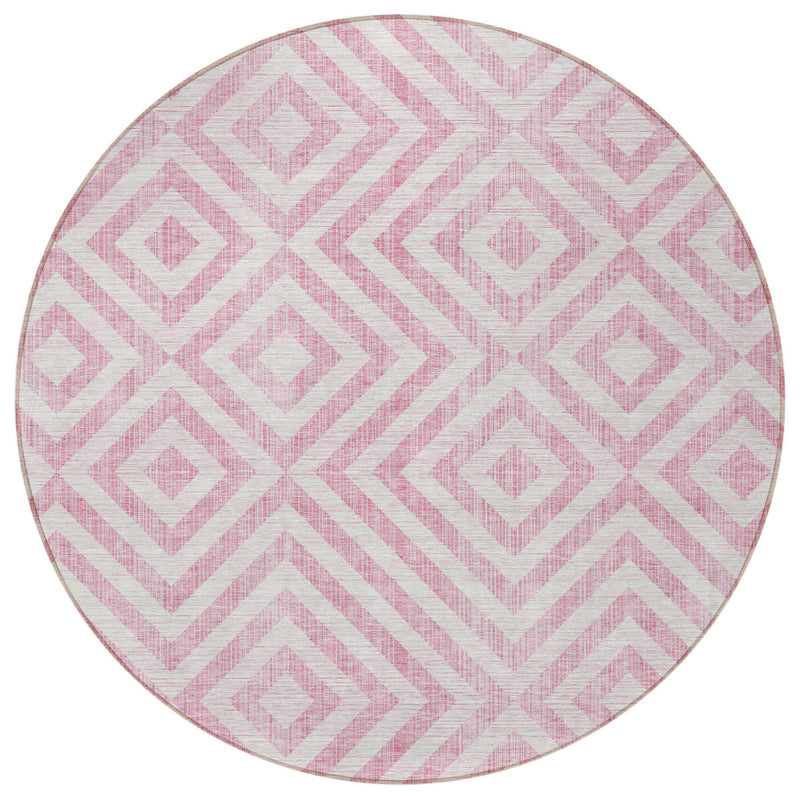 8' Pink And Ivory Round Geometric Washable Indoor Outdoor Area Rug-5