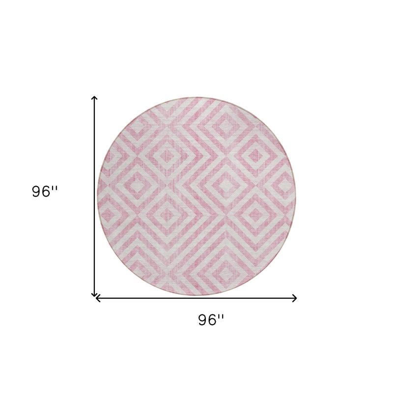 8' Pink And Ivory Round Geometric Washable Indoor Outdoor Area Rug-2