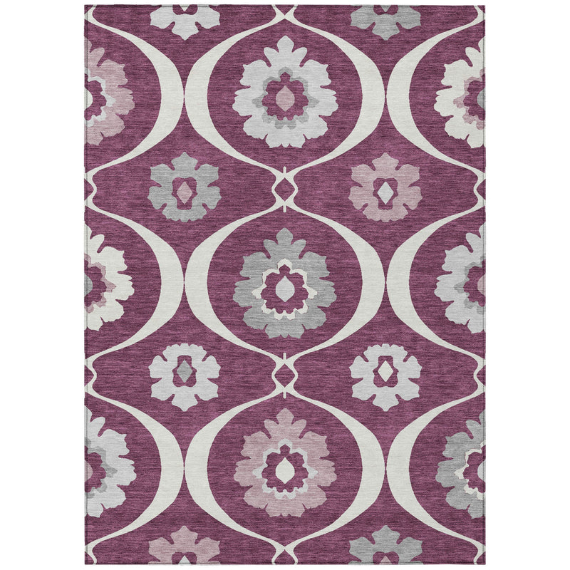 5' X 8' Eggplant Ivory And Gray Medallion Washable Indoor Outdoor Area Rug-1